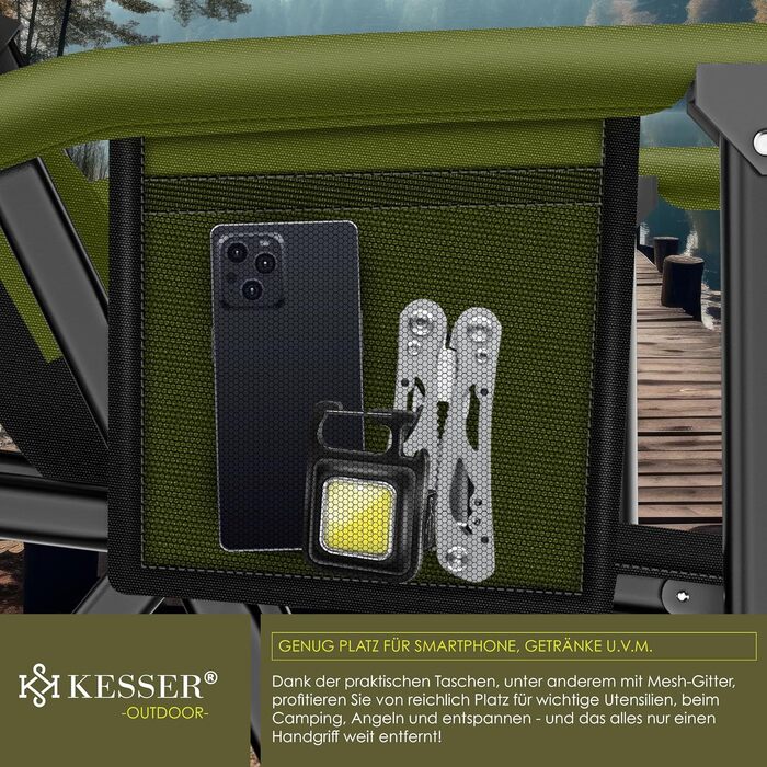 Кресlo для кемпінгу KESSER® з високою спинкою, 160 кг, з підлокітниками, тримачем для напоїв та світлом, хакі/чорний