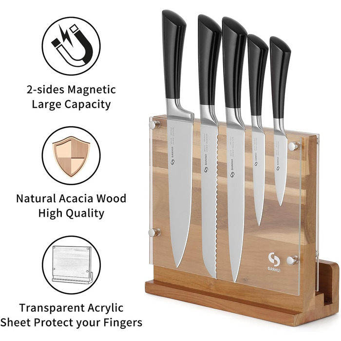 SANHUI Natural Acacia Wood Knife Block, Elegant and Practical Double-Sided Magnetic Knife Holder, Convenient and Durable, Perfect for Kitchen Knife Display