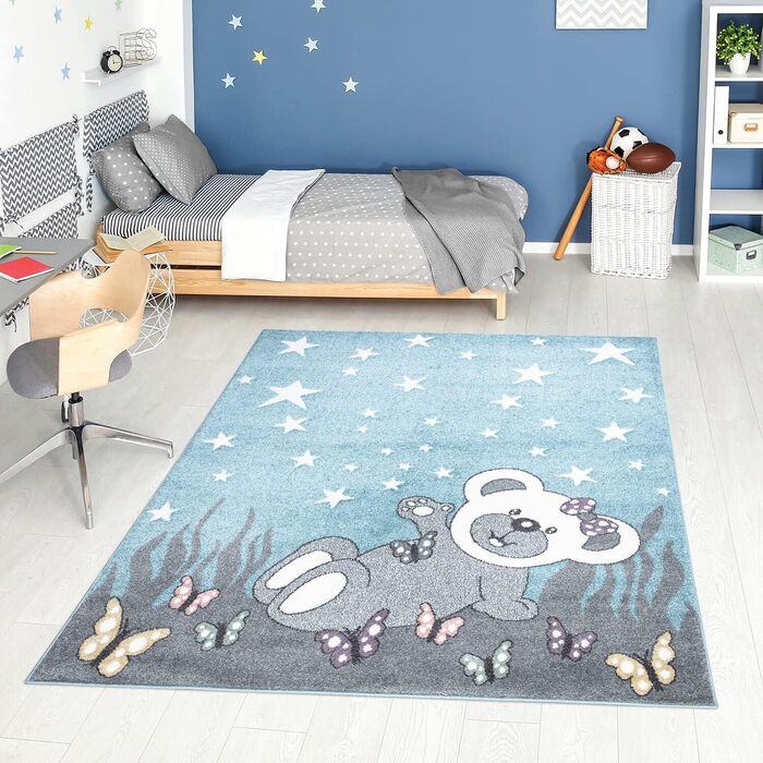 Килим у дитячу кімнату Teddy-Bär, блакитний/сірий, 120x160 см, короткий ворс, зірки та метелики, м'який килим для дітей