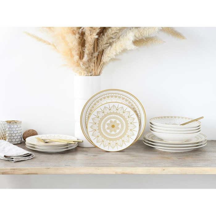 CreaTable MANDALA GOLD: 16-частинний набір посуду з каменю, чорний/золотий, для дому та ресторану