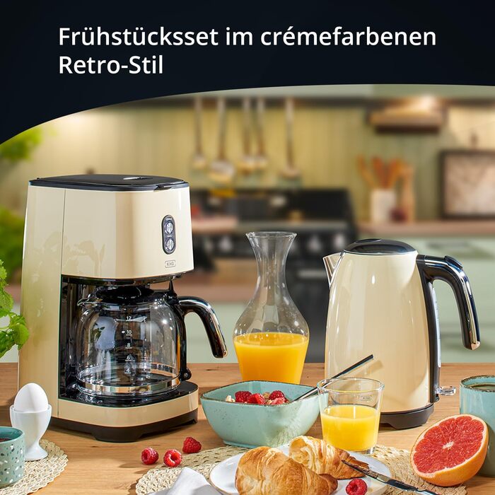 Набір для сніданку KHG: чайник та тостер, кремово-бежевий, ретро-стиль, 1.7л, 2 тости, 360° обертання, кнопка відкривання, індикатор, регулювання ступеня підсмажування, функції підігріву та розморожування (комплект з кавоваркою)