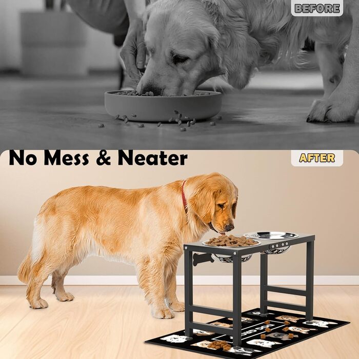 Миска для собак ADENGL на підставці, 40,6 см, з нержавіючої сталі, 2 миски, антивитікаюча підкладка, для великих та екстра-великих порід, чорний колір