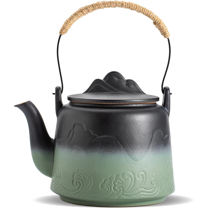 ZENS Design Japanese Teapot, 1000ml Gradient Embossed Japanese Teapot Ceramic with Built-in Strainer and Hemp Rope Handle for Loose Tea Steeper, Gift for Tea Lovers, Black & Bean Green