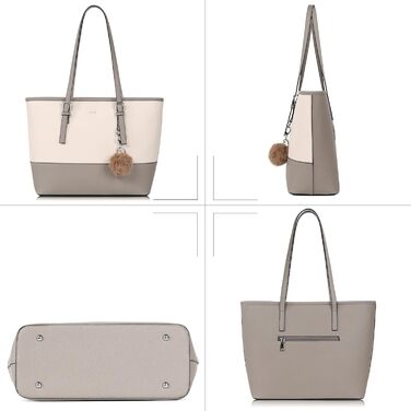Сумка жіноча TANTOMI з гаманцем: велика сумка для офісу, школи, покупок, сіро-бежева з пензликами та пухнастим брелоком