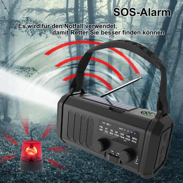 Радіо Solar Radio на сонячних батареях з ручним заводом AM/FM, Powerbank 20000mAh, ліхтарик LED, SOS-сигнал, USB-C зарядка для телефону, чорне – для кемпінгу та активного відпочинку