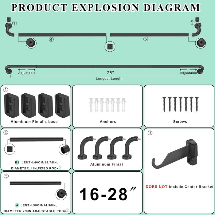 Штанга для штор Warmgold, діаметр 2,5 см, регульована штанга для затемнення, алюмінієві кінчики та кріплення, 71–381 см (2 шт. 16–28 см, чорний)