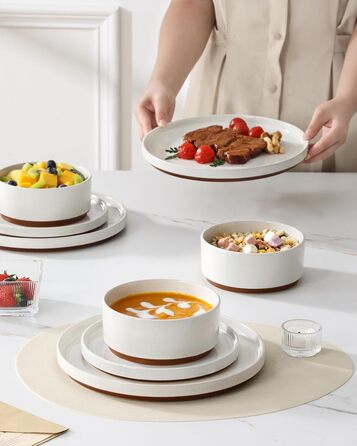 MALACASA Набір посуду з каменю 6 осіб, 18 предметів: тарілки, миски, супи, кераміка, білий з коричневим, посуд для сервірування столу