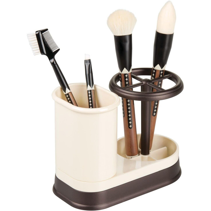mDesign Toothbrush Holder - high-quality toothbrush holder made of plastic for the bathroom sink or vanity cabinet - practical holder for toothbrushes and toothpaste - white and matte silver (Vanilla/Bronze)