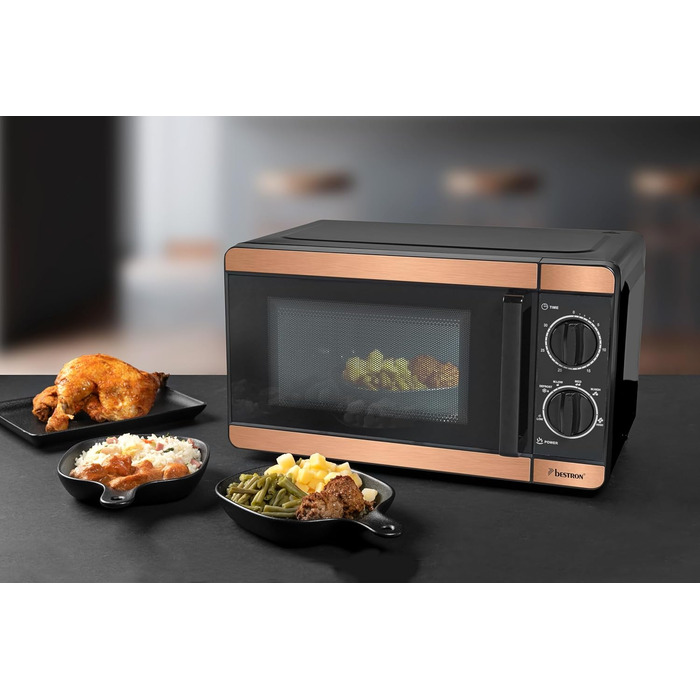 Мікрохвильова піч Bestron 700 Вт з мідною колекцією, 6 рівнів потужності, таймер 30 хв, поворотний піднос 24.5 см