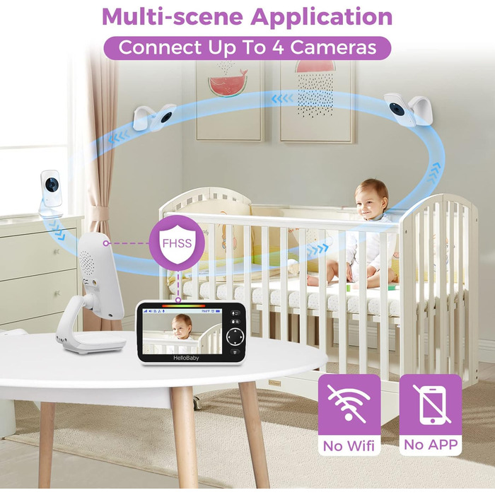 Дитячий відеоняня HelloBaby з камерою та аудіо, 5-дюймовий кольоровий LCD-дисплей, інфрачервона нічне бачення, режим VOX, індикатор температури, моніторинг сну