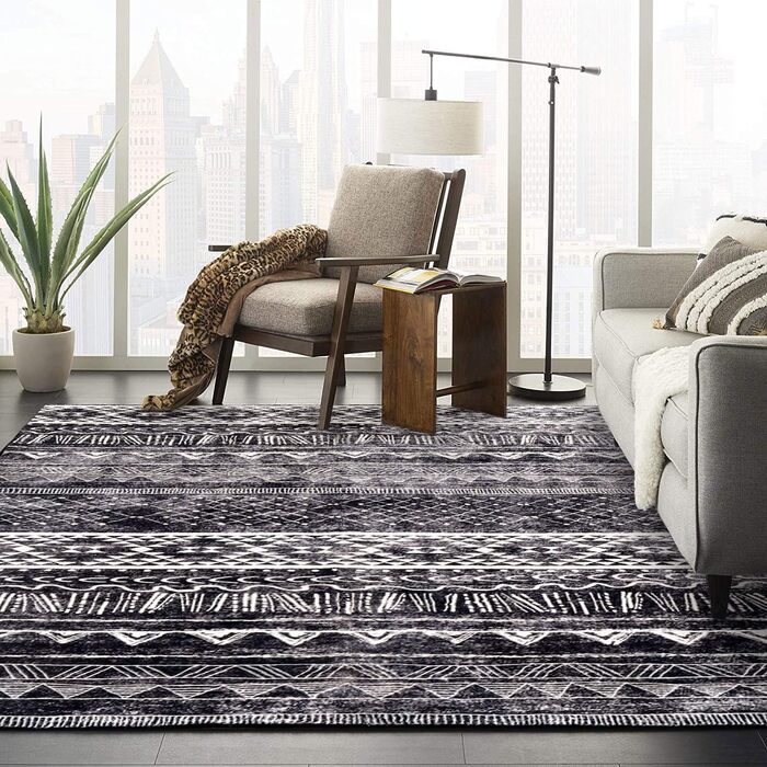 Килим для вітальні сучасний, короткий ворс, нековзний, миючий, м'який, для вітальні, спальні та їдальні, сірий та білий, 120 x 160 см сіро-білий (чорно-білий, 80 x 120 см (прямокутний))