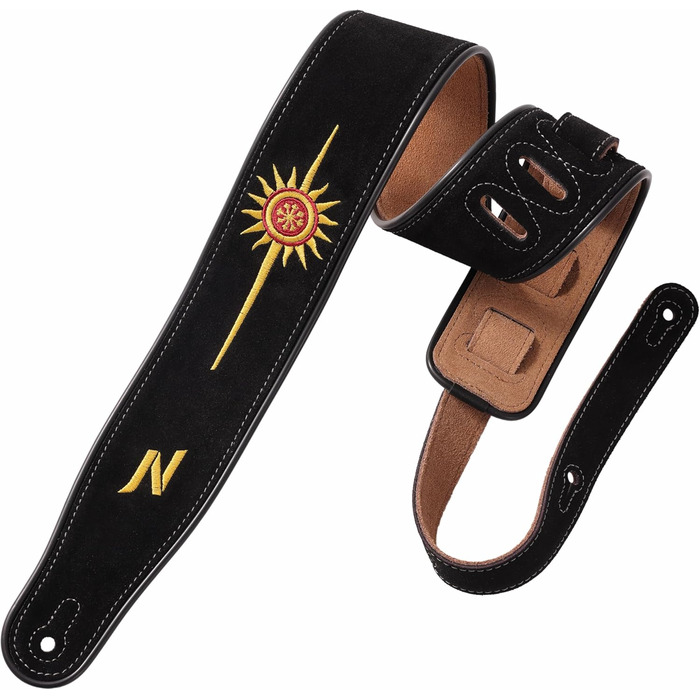 Гітарний ремінь Nefelibata з вишивкою 'n', 2.7', з баварської шкіри, з шампуруванням, для акустичної, бас та електрогітари (Золоте Сонце)