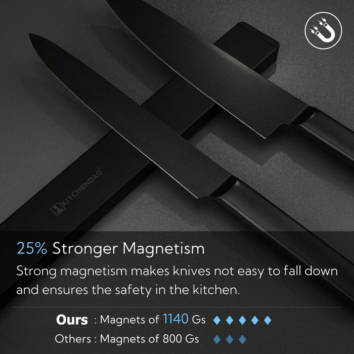 Improved 60cm Trhillsbrad Magnetic Knife Strip, 60cm Magnetic Knife Holder with 3 Hooks, Stainless Steel Knife Rail Self-Adhesive, Black Wall Mount Magnetic Strip No Drilling Knife Holder