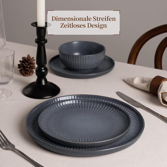 Набір посуду Starlight, 18 предметів: тарілки для 6 осіб, рельєфний, мікрохвильова та посудомийна безпека, анти-подряпини, реактивна глазур, матовий бежево-білий (матовий чорно-сірий)