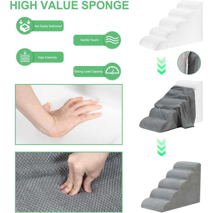 LIANTRAL Dog Stairs, 3 Steps Dog Staircase for Bed and Sofa, Made of High-Density Sponge, Cat Stairs Dog Ramp with Removable, Washable Cover and Pet Hair Remover Roller, 40 cm High (5 Steps Grey)