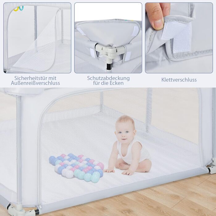 COSTWAY 124 x 124cm Baby Playpen, foldable, portable playard with 50 balls, 4 handles, locking function, crawling gate with net walls & door, playpen tent for infants & children (Light Grey)