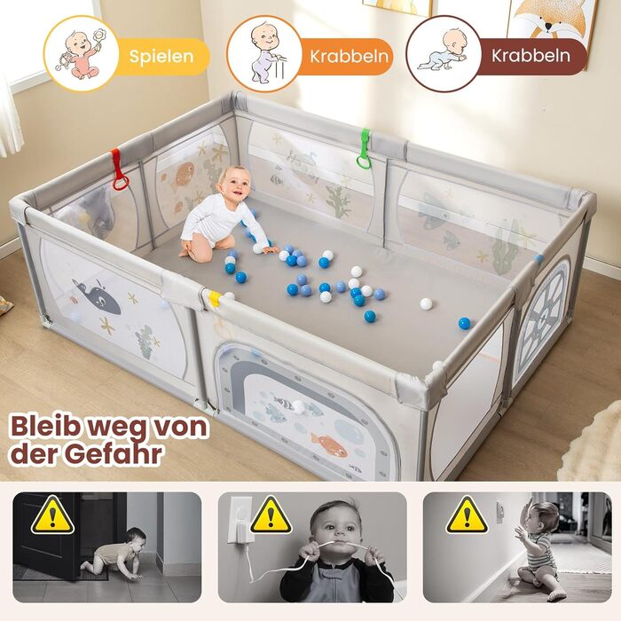 DREAMADE 200 x 140 cm Baby Playpen, Playard with 50 Balls & Carry Bag, Crawling Fence for Children for Indoor & Outdoor Use (Gray Underwater World, without mattress) Gray Underwater World without mattress