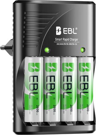 Зарядний пристрій для акумуляторів EBL AA AAA 9V NIMH з 4-ма відсіками, смарт-зарядка, LED-дисплей, швидка зарядка (з набором акумуляторів)