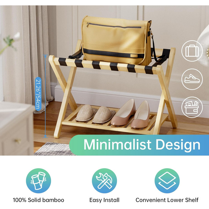 SMIBUY Luggage Rack, Foldable Bamboo Suitcase Stand with Storage Compartments for Guest Rooms, Bedrooms, Hotels, Heavy Duty (Natural Color)