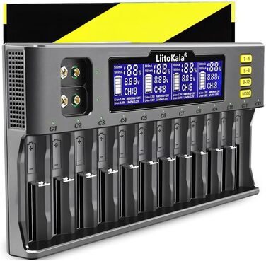 Зарядний пристрій Retoo для акумуляторів AA, AAA, 9V NI-MH/NI-CD, Li-ion 3.70V/3.80V, LiFePO4 3.20V, 12 слотів, швидка зарядка з LCD дисплеєм, чорний