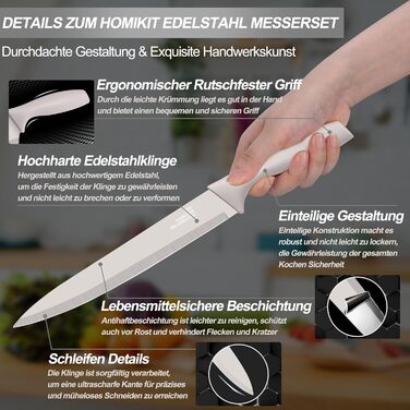 Набір кухонних ножів Homikit, нержавіюча сталь, 6 предметів, з захисним чохлом. Включає: кухарський ніж, ніж для м'яса, ніж для хліба, універсальний ніж, ніж для очищення овочів, сатокі. Антипригарне покриття, Khaki