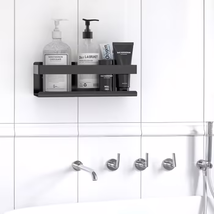 INTIRILIFE Self-Adhesive Shower Shelf in Black - 23 x 10.5 x 8 cm - No-Drill Shower Shelf, Shampoo Holder Shower Basket Wall Mount Bathroom Accessories Basket - Rustproof, Stainless Steel Shelf for Bathroom and Kitchen