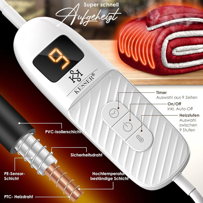 Електрична ковдра KESSER® з автовимкненням 200x180 см двостороння | Ковдра для ліжка, дивана | 9 температурних режимів | Пральна до 40°C | з таймером, цифровим дисплеєм, Бордовий колір