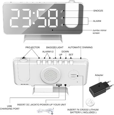 Exmate Projection Alarm Clock, Digital Alarm Clock with Projection, USB Charging Port, 7.5'' Large Mirror-LED Display, Snooze Dual-Alarm, Adjustable Brightness (White with Adapter)