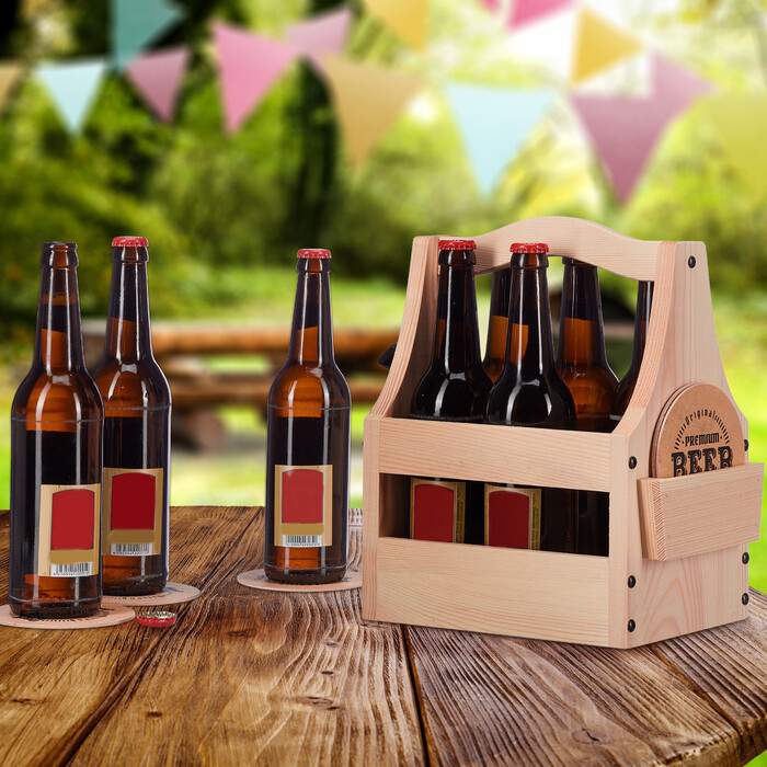 Wooden Beer Caddy with Bottle Opener