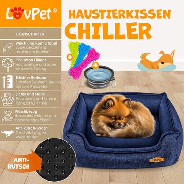 Lovpet® Dog Bed Dog Cushion Dog Basket Chiller, Incl. Bowl + 3X Chew Bones, Dog Sofa Cushion for Small, Medium & Large Dogs, Removable and Washable Cover, L 90 x 75 x 25 cm (M (70 x 55 x 21 cm), Navy Blue)