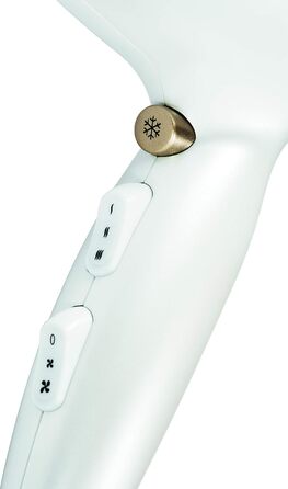 Фен ECG Vv 2200: 2 режими потужності, 3 температурні режими, іонізація, LED-дисплей, захист від перегріву, білий та золотий