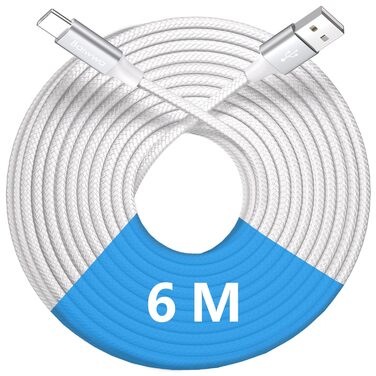 Кабель USB-A на USB-C, білий, 6 метрів. Швидка зарядка 3.1A для iPhone 15/16/17 Pro Max, Samsung Galaxy S4/S3/S/S1/A55/A54/A35/A5/A16