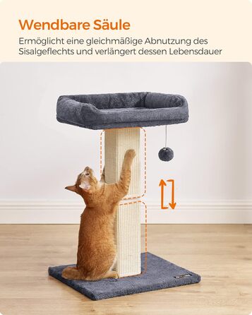 Feandrea Cat Tree, Cat Tower with 40 x 30 cm Plush Platform, Scratch Post, Cat Scratching Post, 71 cm High, Sisal-Wrapped Scratching Post, 45 x 40 cm Base, with Plush Ball, PCA022W01 (Dark Grey)
