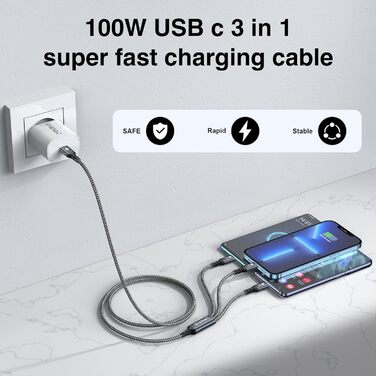 Кабель USB-C на 3 роз'єми 100W (1.2м) з E-Mark чіпом для Galaxy, iPad, MacBook, iPhone (сірий)
