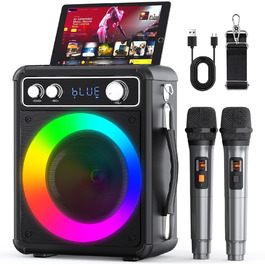 Портативна караоке-машина Ankuka з 2 бездротовими мікрофонами, 15W Bluetooth, LED-підсвічуванням, TF/USB, FM, AUX, TWS, для вечірок та свят