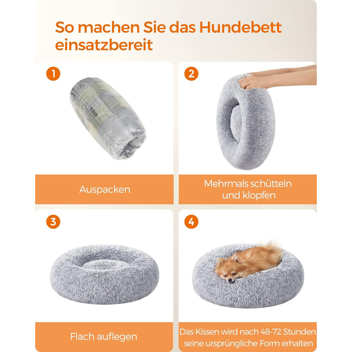 Кругле ліжко для собак та котів Feandrea з м'яким плюшем, діаметр 60 см, сірий колір, знімний наповнювач, 60 x 60 x 20 см