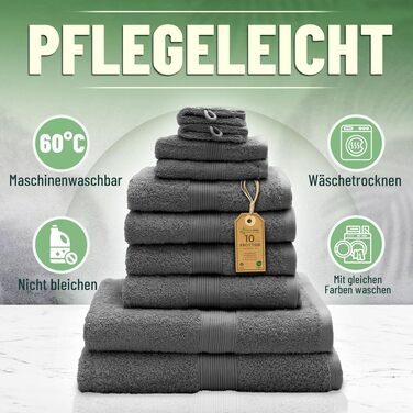 Набір махрових рушників Green Mark, 10 предметів, 100% бавовна, антрацит (сірий): 4 рушники 50x100 см, 2 банні 70x140 см, 2 гостьові 30x50 см та 2 рукавички