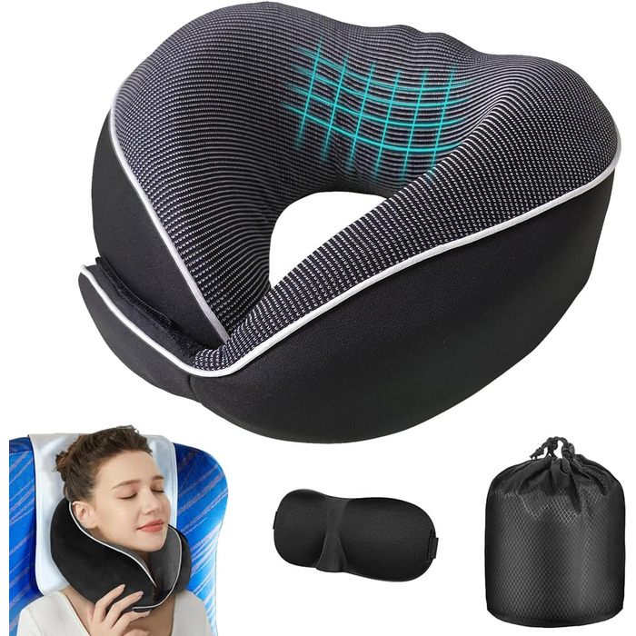 Подушка для шиї у літак, автобус, поїзд: компактна, з memory foam, ергономічна, з чохлом, для комфортного сну