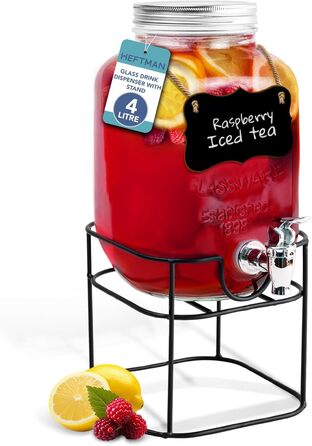 Скляний диспенсер для напоїв з краником - 4 літри, Mason Jar, з пластиковим краником та металевим підставкою