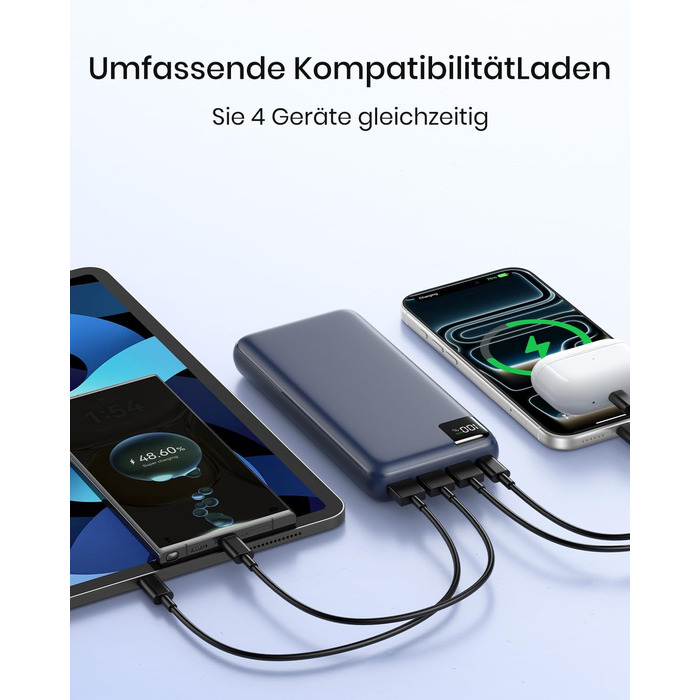 Power Bank A ADDTOP 20000mAh 22.5W USB-C: Зовнішній акумулятор для телефону, портативний зарядний пристрій з 4 портами (Синій)