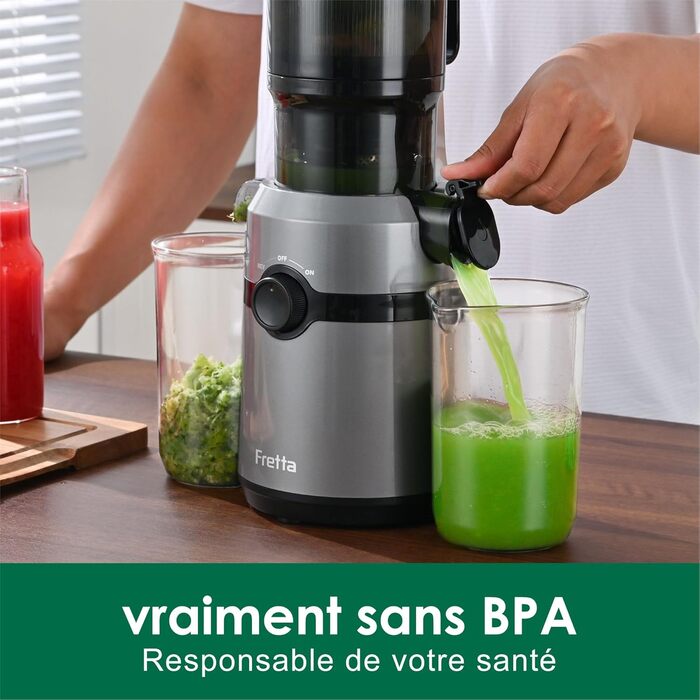 Fretta Slow Juicer with 108mm Opening & 1L Capacity, Juicer for Vegetables and Fruits - Test Winner, 200W Electric Juice Press with Cold Press, Easy Cleaning and Quiet Motor, BPA-free (Gray, 1L) 1L Gray