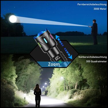 Ліхтар LED акумуляторний 500000 люмен, надпотужний з акумулятором 5000 mAh, LCD-індикатор заряду, 3 режими, регульований фокус, для кемпінгу та відпочинку на природі, матовий чорний