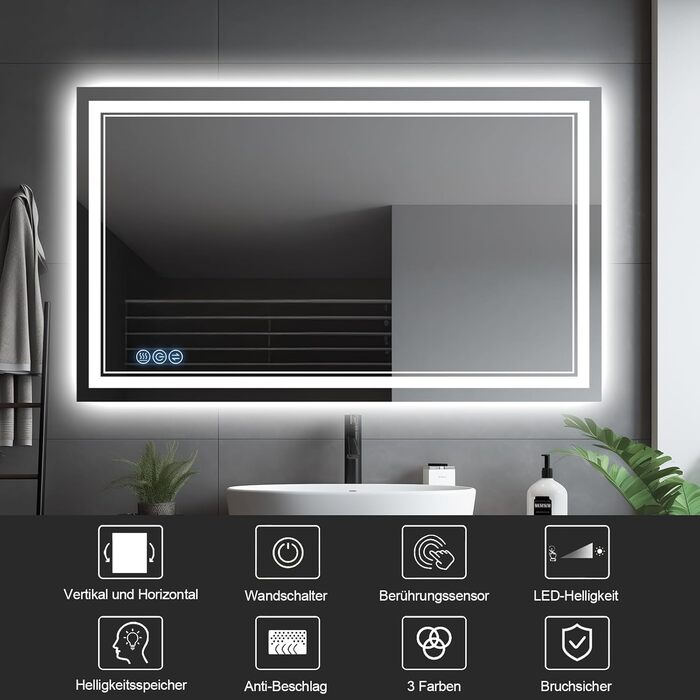Дзеркало для ванної кімнати з підсвічуванням 100x60 см Faw Halo Double, HD скло, сенсорні кнопки, IP65, 3 кольори, вертикальна/горизонтальна орієнтація, функція пам'яті