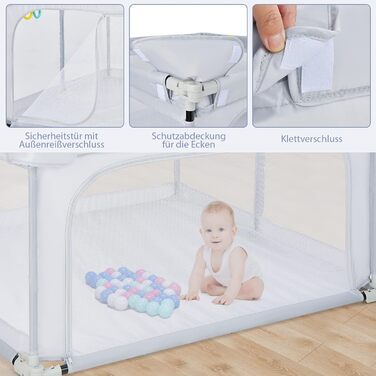 COSTWAY 124 x 124cm Baby Playpen, foldable, portable playard with 50 balls, 4 handles, locking function, crawling gate with net walls & door, playpen tent for infants & children (Light Grey)