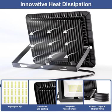 Світлодіодний прожектор 100W для вулиці, 10000Лм, 144 LED, IP65, 6500K, водонепроникний ліхтар для саду, двору, гаража, вхідних дверей