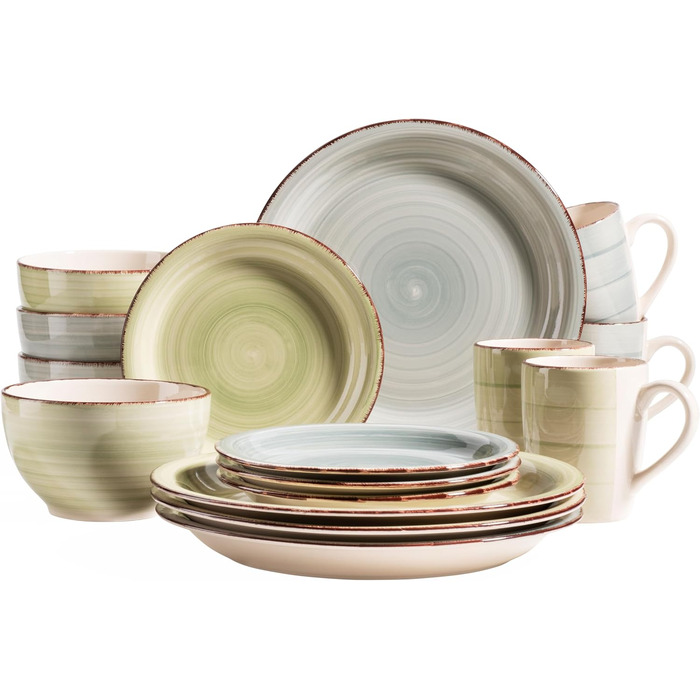 MÄSER Bel Tempo II: Набір посуду вінтажний, 16 предметів, для 4 осіб, кераміка ручної роботи, зелено-блакитний