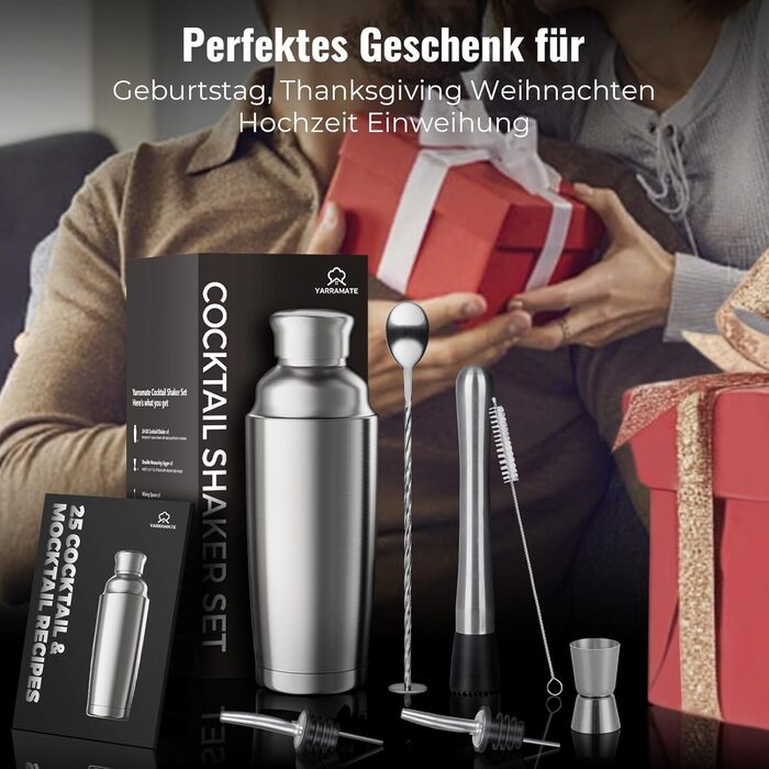 Набір шейкерів для коктейлів YARRAMATE 700 мл, 8 предметів з нержавіючої сталі, з вбудованим ситом, для дому та барів