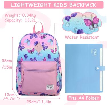 Дитячий рюкзак для школи Kinderrucksack: милий рюкзак для дітей 6-8 років (1 клас), водонепроникний, з нагрудним ременем, 13 літрів, 29x12x38 см, з малюнком метелика