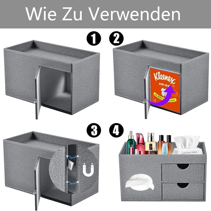 Tissue Box Linen with Drawers, Square Cosmetic Tissue Box with Magnetic Closure, Tissue Box with Side Pocket for Mobile Phones, Cosmetic Brushes, Remote Controls, Office Supplies, Perfumes (Gray)