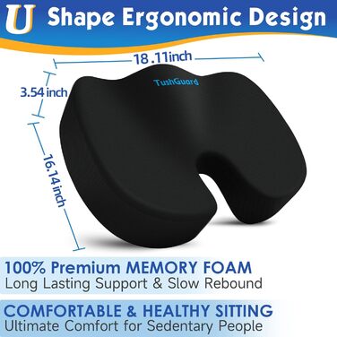 Подушка ортопедична TushGuard для офісного крісла, Memory Foam, X-Large, чорна. Зняття болю в спині, куприку, при ішіасі.